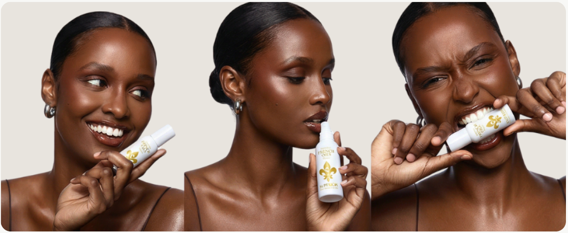 Three women using skincare products on a neutral background